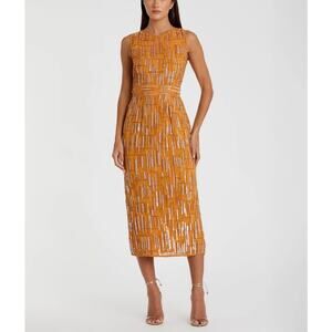 Mac Duggal Orange Abstract Beaded Sleeveless Midi Sheath Dress Size 14 NWT 70264